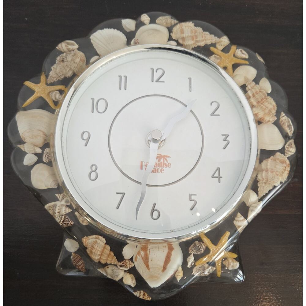 Shell Shaped Lucite Clock Embedded Seashells Wall Hanging Takes 1.5 V Battery